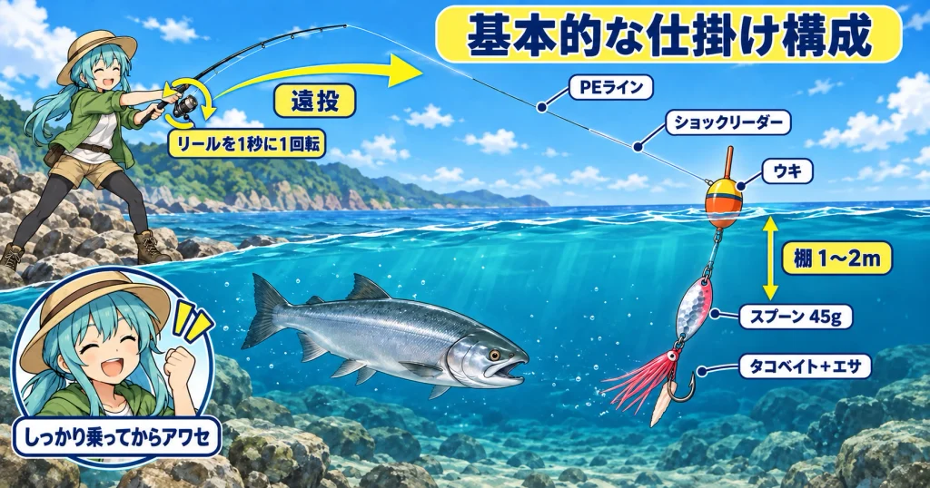 サケのウキルアー仕掛けの構成と棚1~2m、遠投、リールを1秒に1回転巻く釣り方を解説したイラスト