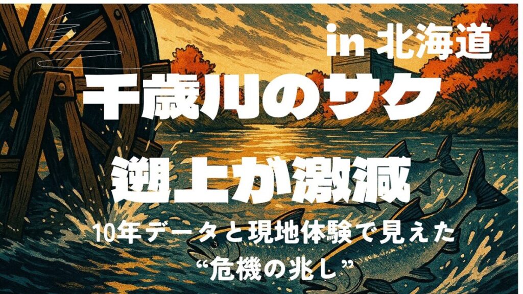 夕暮れの中水車の横を遡上するサケの様子