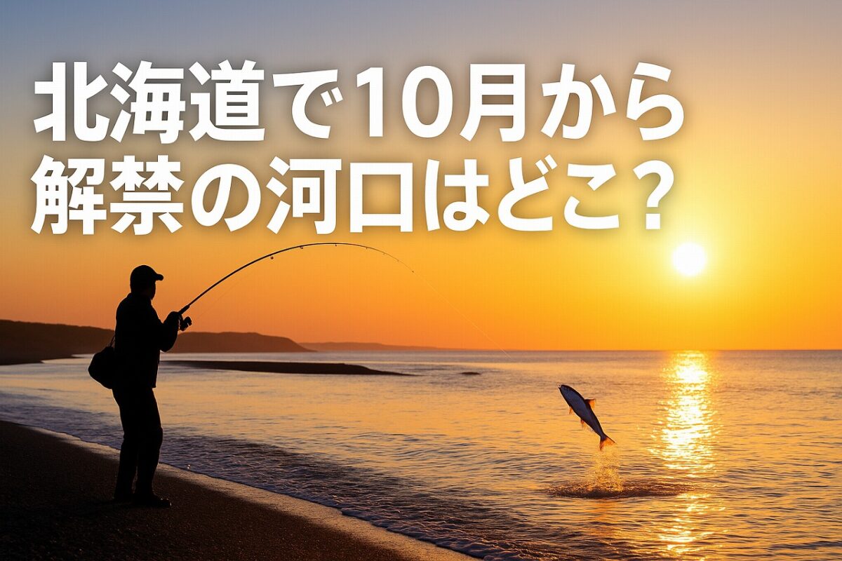 朝焼けをバックにサケとファイトする釣り人。 北海道で10月から解禁の河川を紹介するアイキャッチ画像