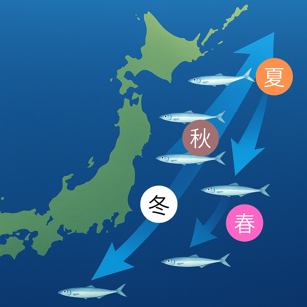 サンマの回遊イメージ 夏から春にかけて北海道沖から南下、秋は三陸沖にいるイメージ画像