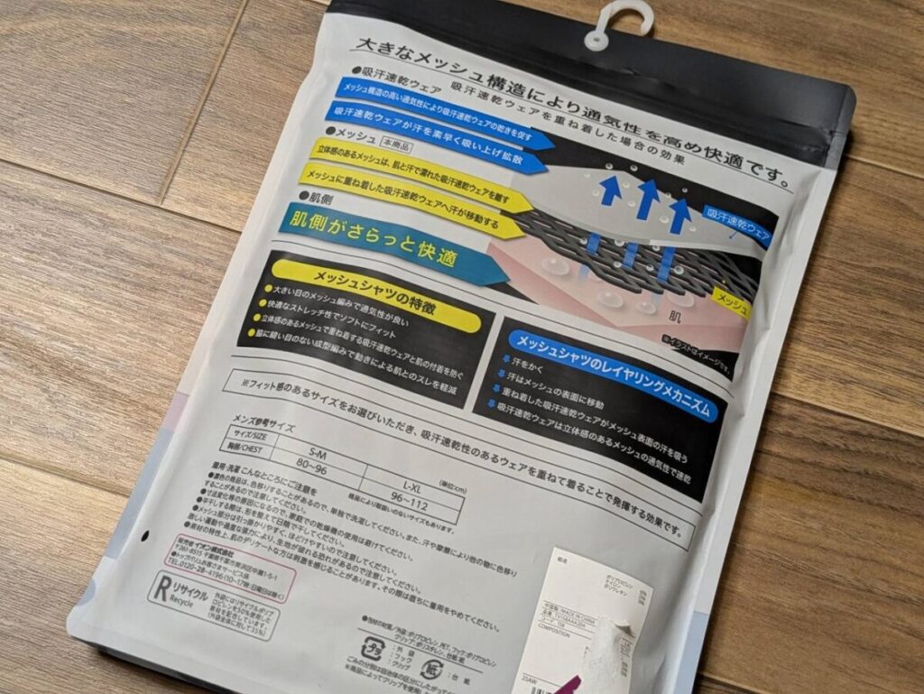 肌側ドライメッシュインナーの包装。裏側。インナーの説明書きがある。