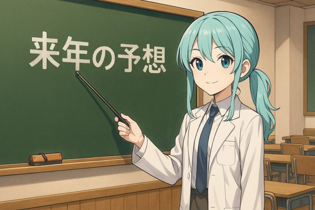 若い女性が白衣を来て、黒板に来年の予想と書かれた文字を指し棒で刺している様子