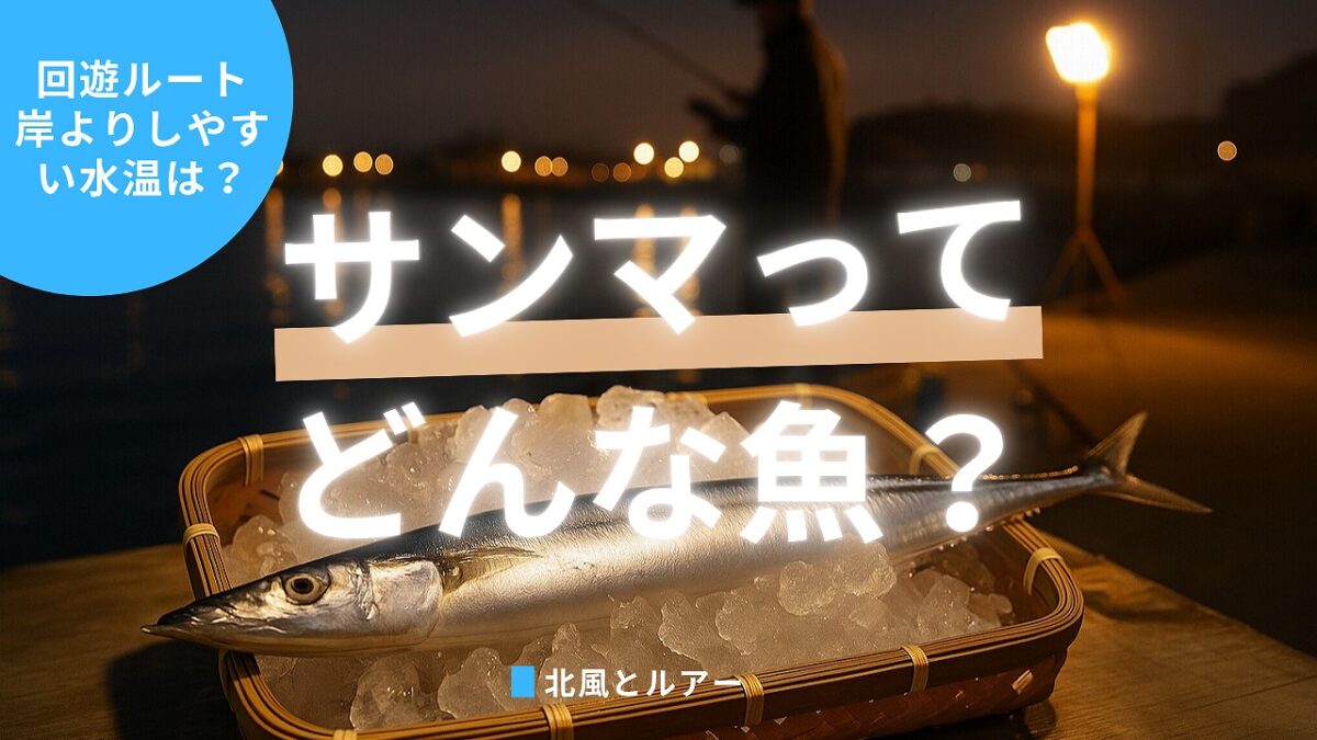 背景に夜投光器の下で釣り人が釣りをしている。 釣ったサンマが氷の入ったカゴの中に入っている画像