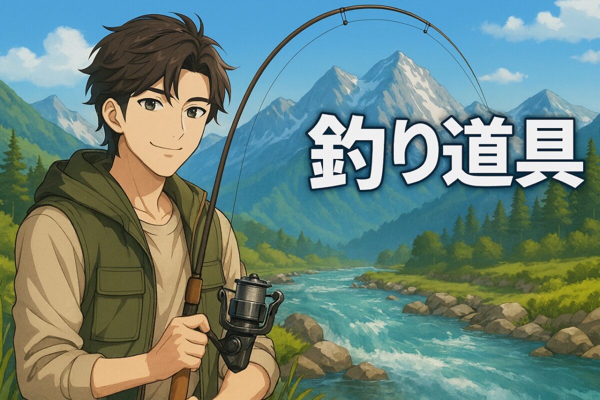 山の中を流れる渓流を背景に釣り人が竿をしならせている画像 タイトルは釣り道具