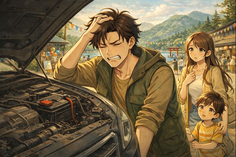 観光地でバッテリーが上がって困っている。後ろで家族が心配そうに見守っている。