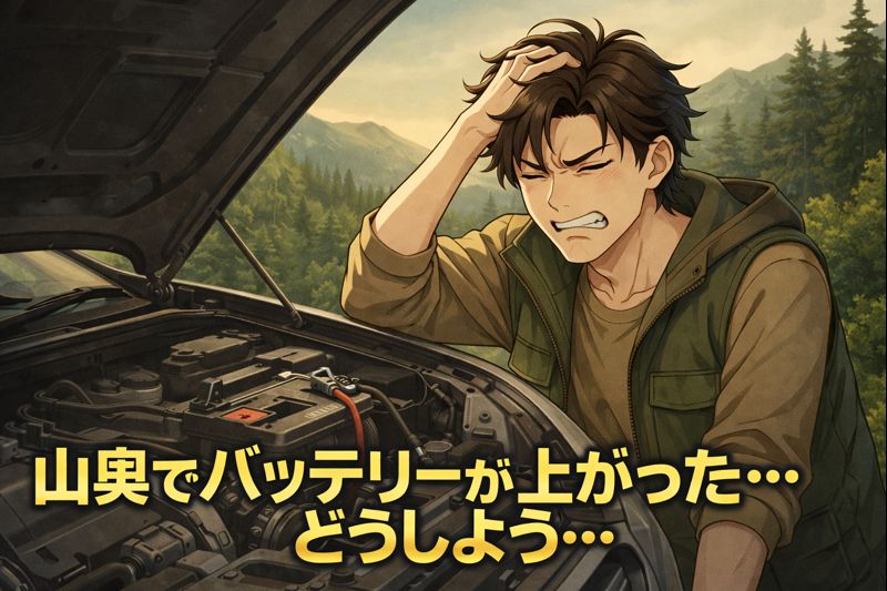 山奥でバッテリーがあがって困っている。