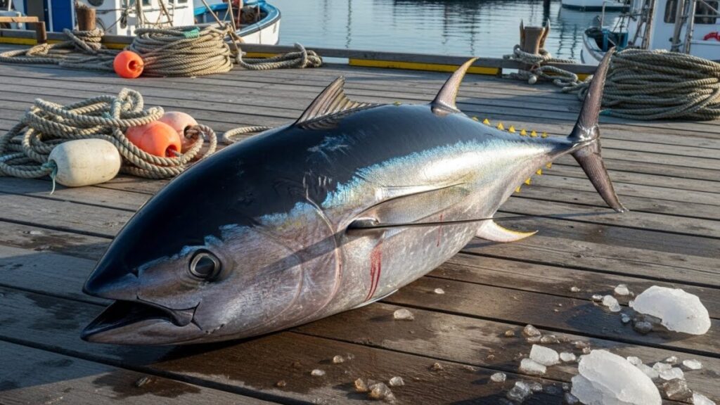 港に置かれるクロマグロ