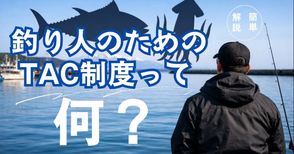 TAC制度の解説記事用に、港で海を見つめる釣り人とクロマグロ・スルメイカのシルエットを組み合わせた構図