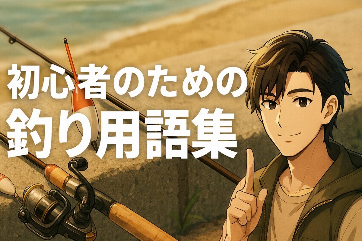 砂浜で釣り竿やウキを置いて、男の釣り人が釣り用語集を解説する様子。