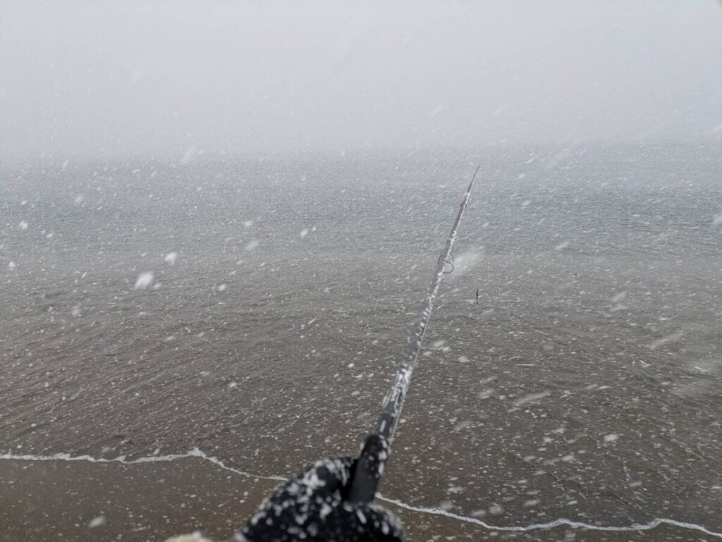 雪が降りしきる中、釣り竿を振る様子