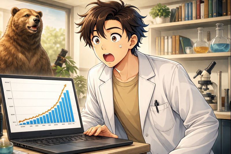 ヒグマの増加グラフを見ながら驚く研究員