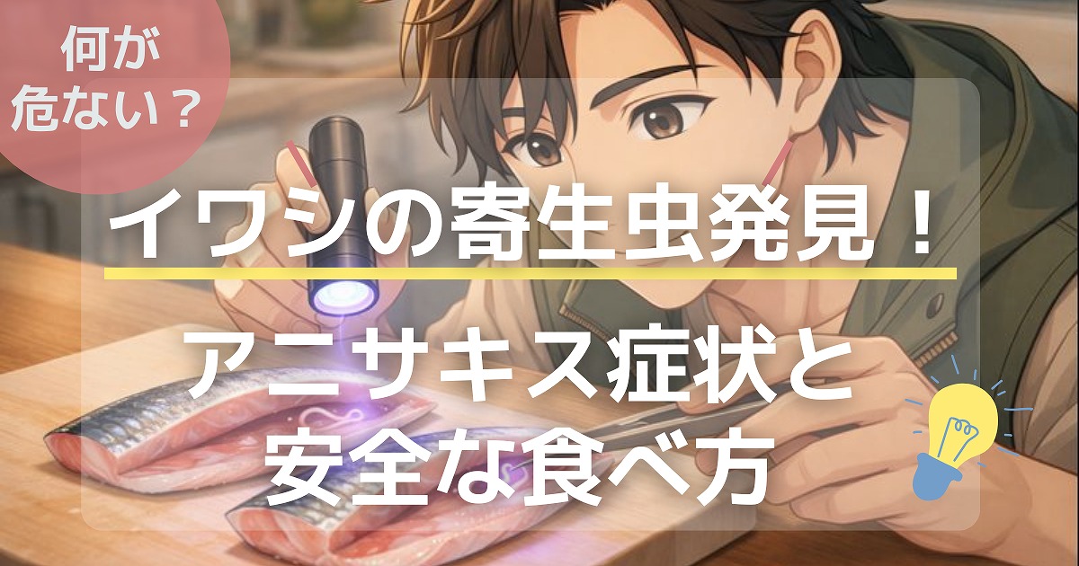 まな板の上にあるイワシのアニサキスをUVライトで探す男性