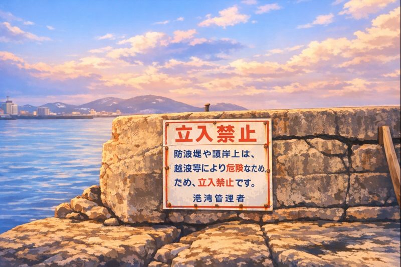 小樽南防波堤に立入禁止の看板がある画像