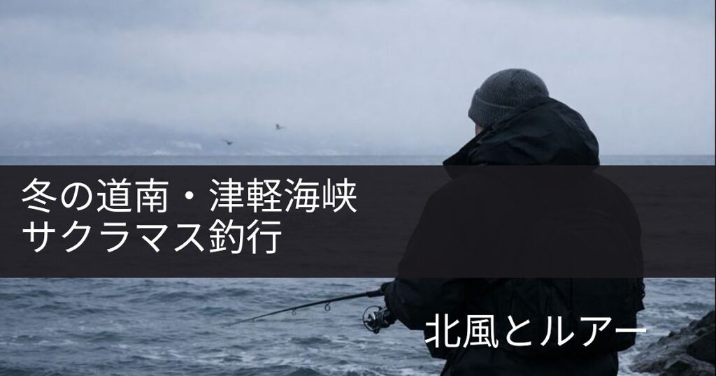 寒空の中津軽海峡でサクラマス釣りをする男性の画像