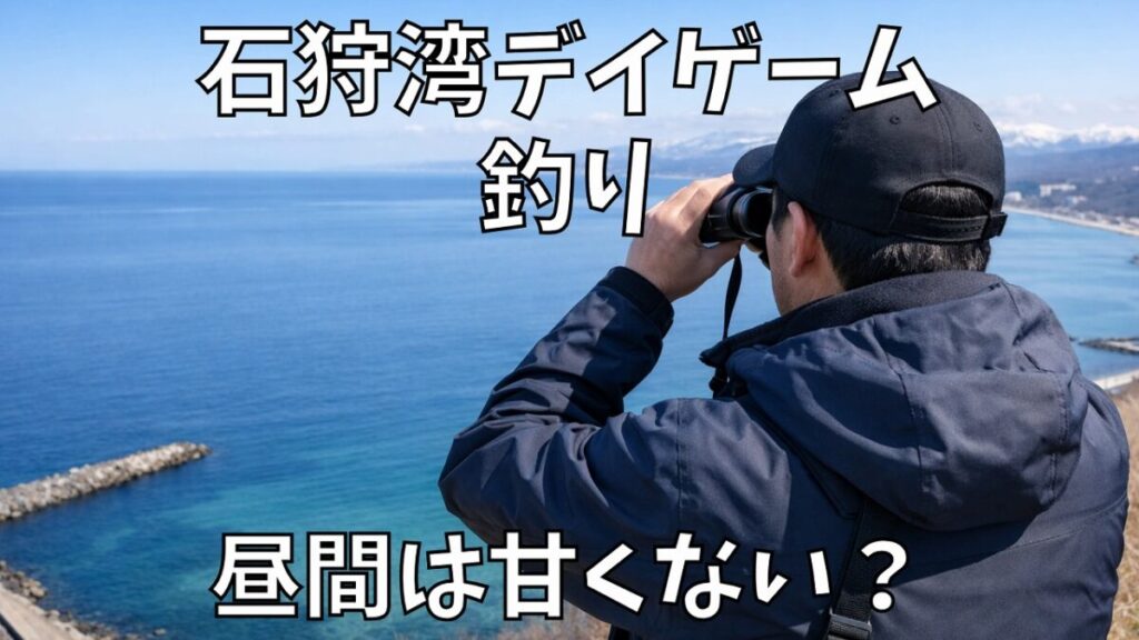 石狩湾2026年のデイゲームでニシン群来を探す釣り人の後ろ姿、白濁のない海面の状況を伝えるイメージ
