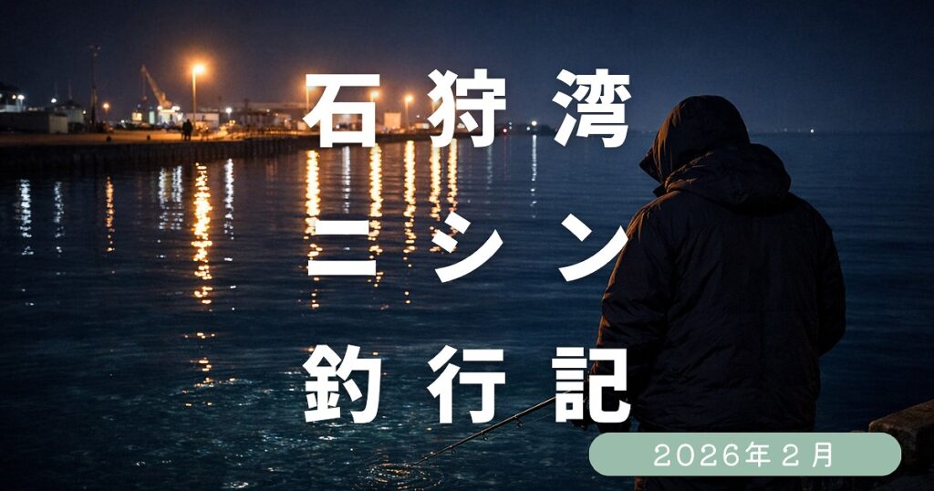 夜の石狩湾でニシン釣りをする釣り人の後ろ姿、2026年の石狩湾ニシン釣りの現状を伝えるイメージ