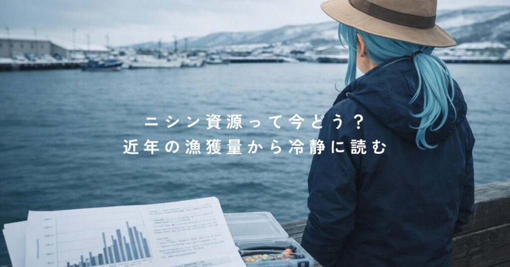 北海道の港で釣り人が資料を見ながら海を眺める、近年のニシン漁獲量と資源を解説するイメージ