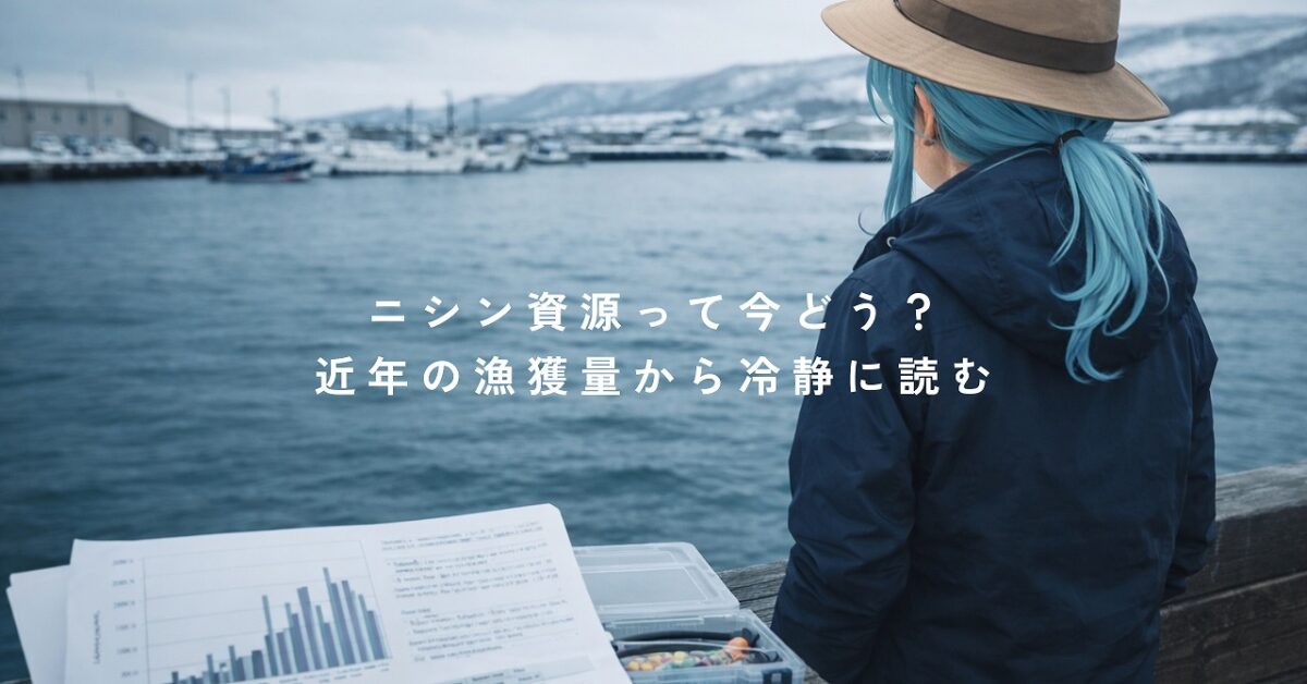 北海道の港で釣り人が資料を見ながら海を眺める、近年のニシン漁獲量と資源を解説するイメージ