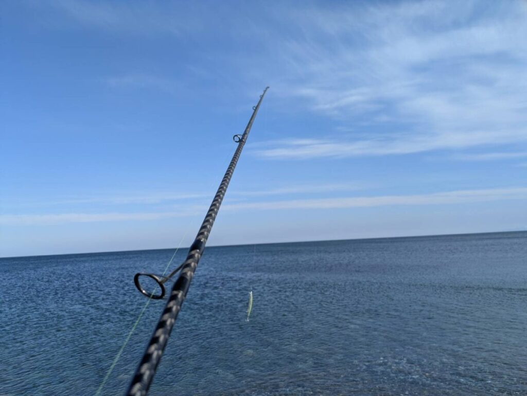太陽が昇りロッドを片手に海に向かう