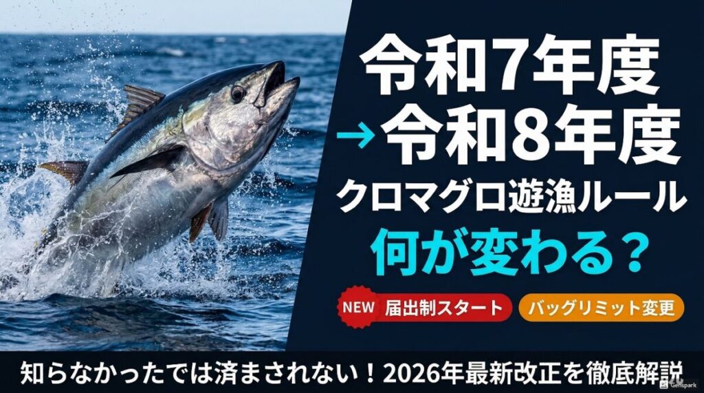 クロマグロが海から飛び出している画像。令和７年度と８年度の遊漁ルール変更点の画像