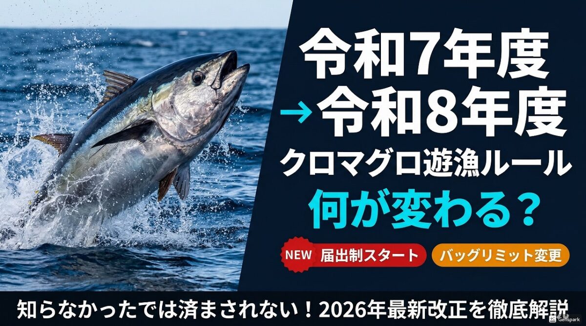 クロマグロが海から飛び出している画像。令和７年度と８年度の遊漁ルール変更点の画像