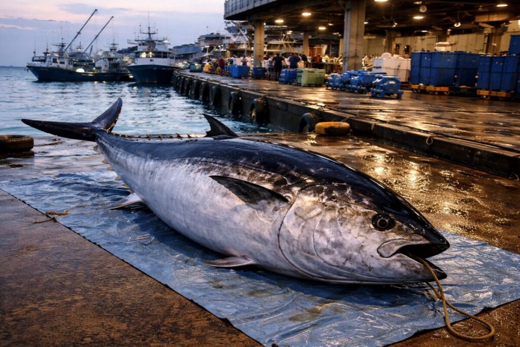 港に横たわるマグロの画像
