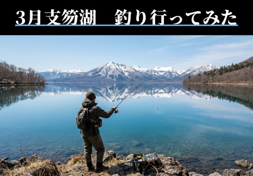 3月の支笏湖で釣りをする釣り人の後ろ姿、春の支笏湖釣りの状況を解説する釣行ブログ用イメージ