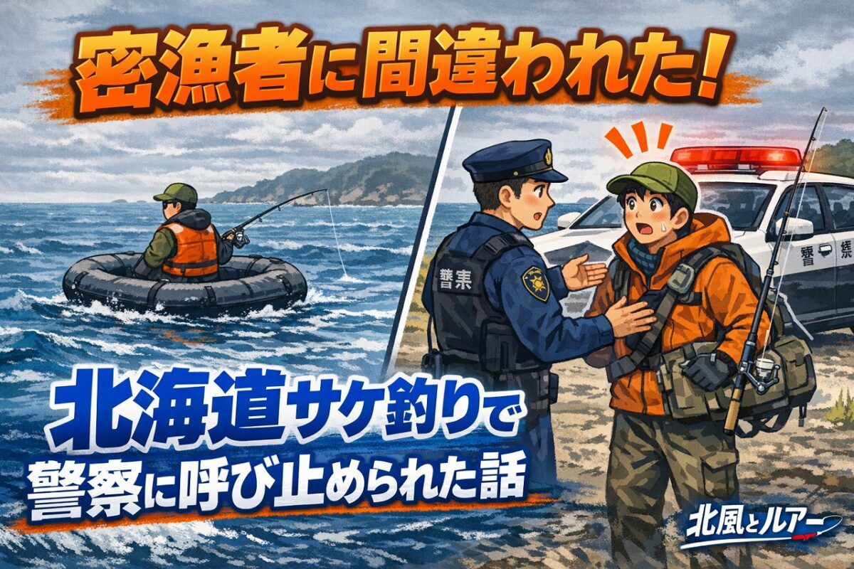 北海道でサケ釣りをして、警察に密漁を疑われ呼び止められている画像