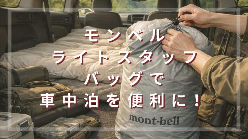 車中泊時にモンベルのライトスタッフバッグを使っている様子