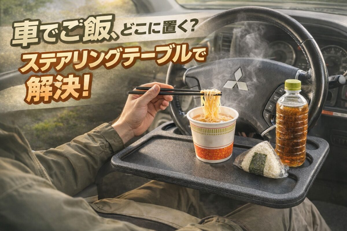 車内にステアリングテーブルを置いて、カップラーメンを食べようとしている画像。テーブルの上にはおにぎりや飲み物がおいてある。