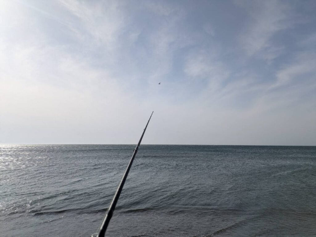 出し風吹き荒れる日本海でロッド持っているが像