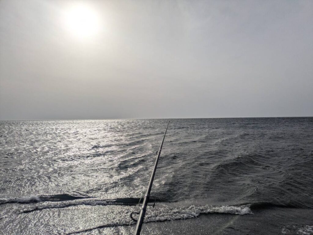 夕マズメに釣り竿を持っている画像