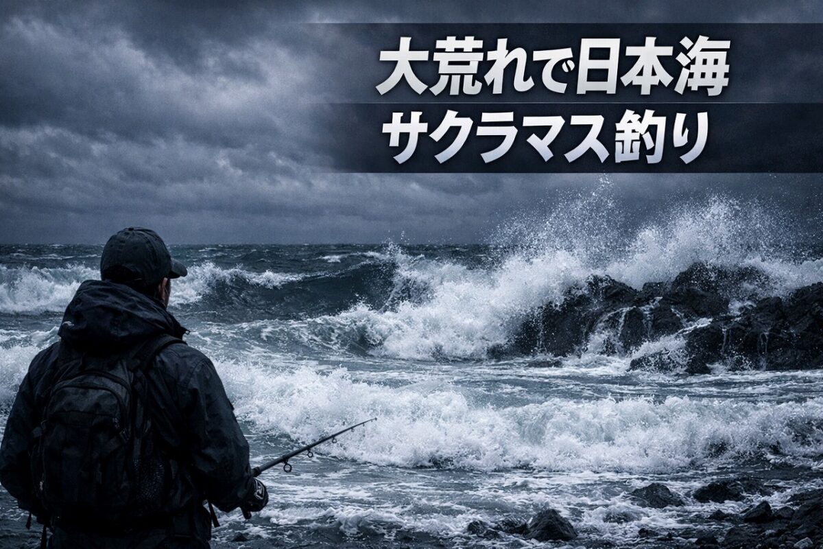 「荒れた日本海の波打ち際に立ち、釣り竿を持ったまま海を眺める釣り人の後ろ姿。サクラマス釣行の大荒れの状況を表した画像。」