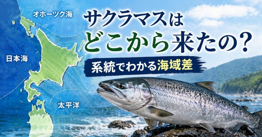 サクラマスの魚体と日本海・オホーツク海・太平洋を示す地図風の背景を組み合わせ、サクラマスはどこから来たのかを系統の違いから解説する記事のアイキャッチ画像