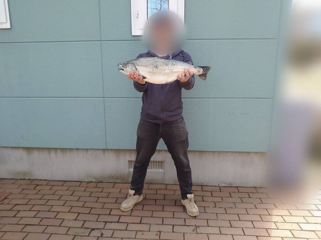 家の前でサクラマスをもって撮影している筆者。