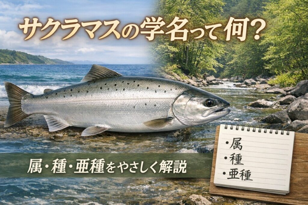 サクラマスの魚体と渓流風景を背景に、魚の学名や属・種・亜種の見方を解説するイメージ