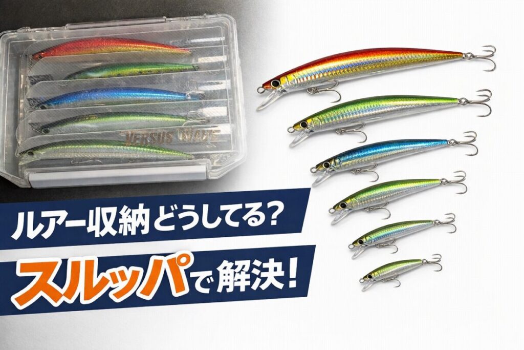 スルッパを使ってボックスにルアーを収納しているアイキャッチ