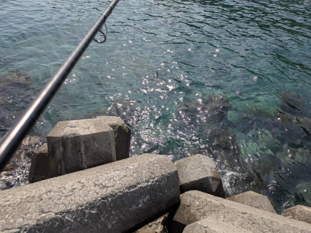 テトラポットの上に立って釣り竿を構えている様子画像