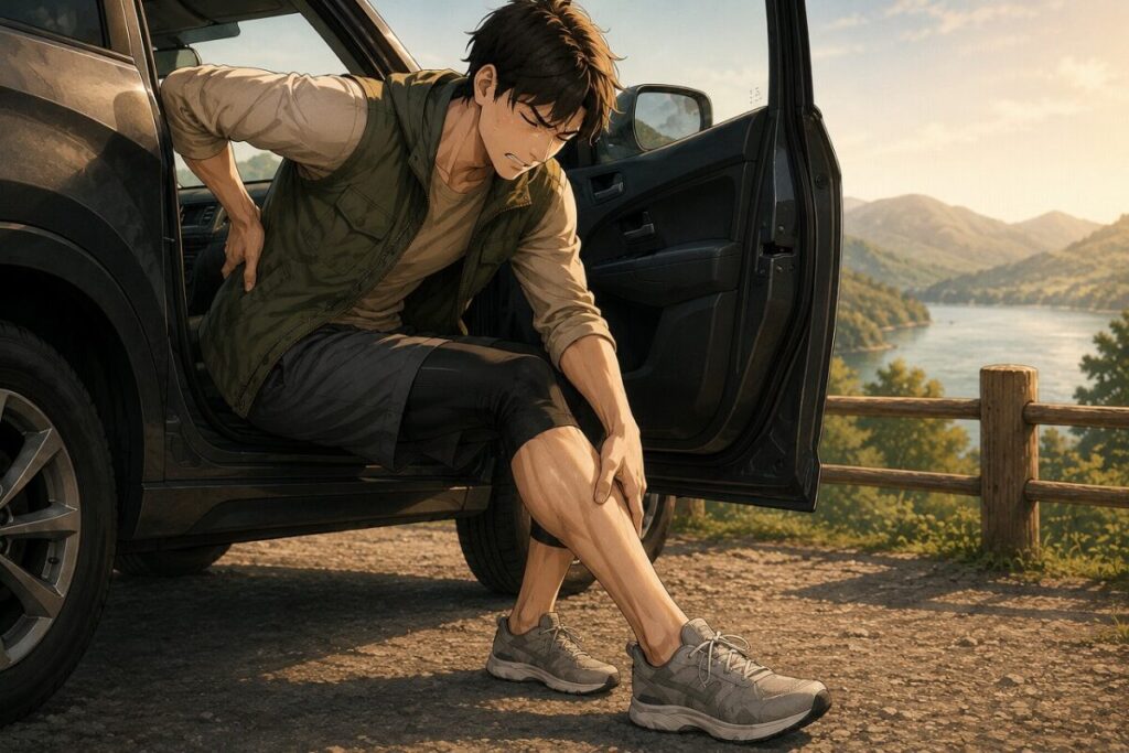 車から降りて男性が腰とふくらはぎを辛そうにおさえている画像