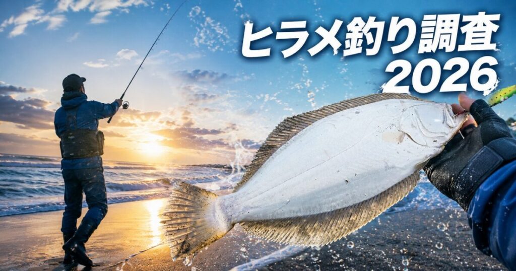 早朝の砂浜でヒラメを手に持つ釣り人。2026年のサーフヒラメ釣りレポートを紹介。