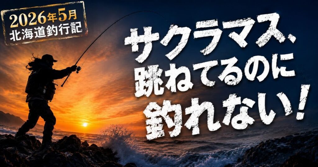 爆風の中でサクラマスを狙い岩場からキャストするアングラー、北海道の朝焼けを背景にした2026年5月の釣行風景