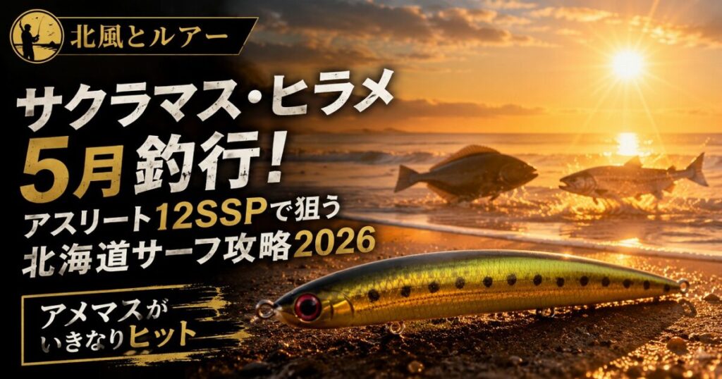 北海道の砂浜でサクラマスとヒラメを狙うルアーフィッシング。手前にジャクソン アスリートが置かれ、背景には朝焼けの海と打ち寄せる波が広がっている。