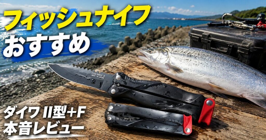 ダイワ フィッシュナイフII型+Fを開いた状態と折りたたんだ状態で並べて撮影した写真。海辺の釣り場を背景に、フッ素加工のブレードと握りやすいグリップが確認できる。