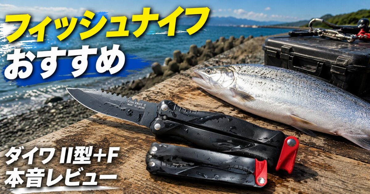 ダイワ フィッシュナイフII型+Fを開いた状態と折りたたんだ状態で並べて撮影した写真。海辺の釣り場を背景に、フッ素加工のブレードと握りやすいグリップが確認できる。