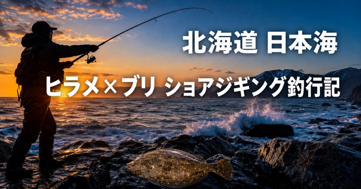 北海道日本海の磯でショアジギングをするアングラーと、ヒラメを狙う釣り場の朝まずめの風景