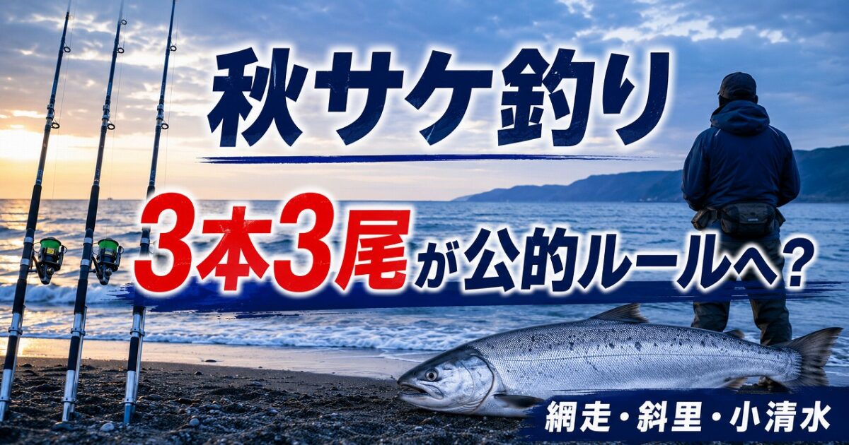 網走・斜里・小清水の秋サケ釣りで3本3尾ルールが公的ルール化される動きを伝えるアイキャッチ画像