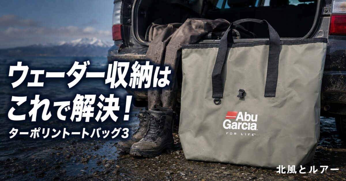 海辺の車の荷室前に置いたアブガルシアのターポリントートバッグ3とウェーダー