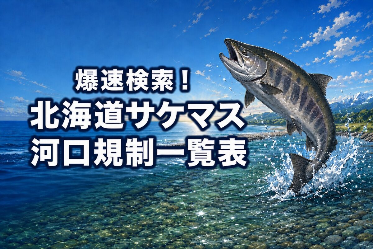 北海道の河口で跳ねるシロサケと「北海道サケマス河口規制一覧表」の文字を描いたアイキャッチ画像