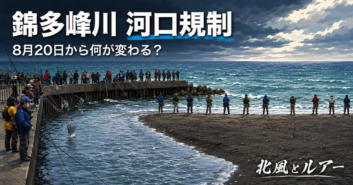 錦多峰川の河口と導流堤を背景に、8月20日からの河口規制と委員会指示を示したアイキャッチ画像