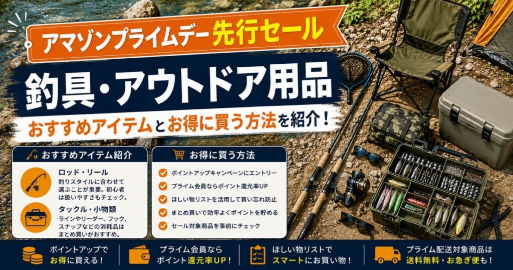 川辺やキャンプサイトを背景に、釣竿・タックルボックス・折りたたみチェアなどのアウトドアギアを 俯瞰で並べたフラットレイ構図